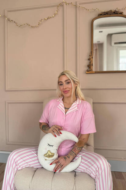 Toz Pembe Line Desenli Bambu Önden Düğmeli Kısa Kol Pijama Takımı - 4