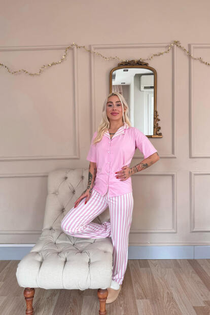 Toz Pembe Line Desenli Bambu Önden Düğmeli Kısa Kol Pijama Takımı - 5