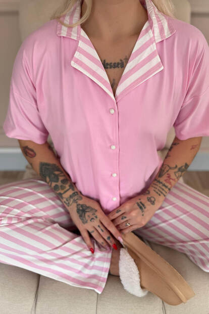 Toz Pembe Line Desenli Bambu Önden Düğmeli Kısa Kol Pijama Takımı - 6