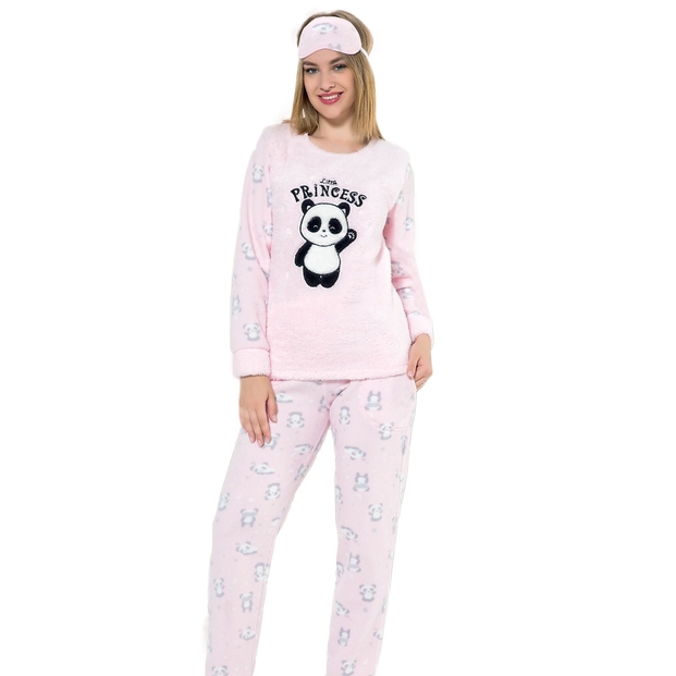 Toz Pembe Little Panda Desenli Kadın Peluş Pijama Takımı - 1