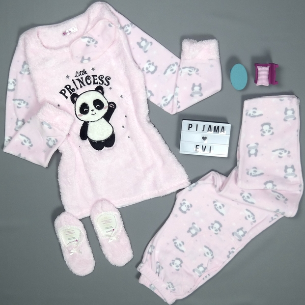 Toz Pembe Little Panda Desenli Kadın Peluş Pijama Takımı - 2