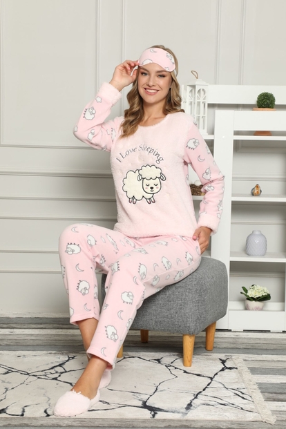 Toz Pembe Sheep Desenli Kadın Peluş Pijama Takımı - 1