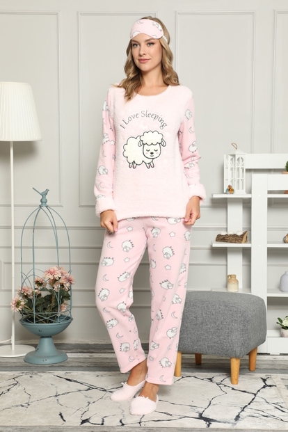 Toz Pembe Sheep Desenli Kadın Peluş Pijama Takımı - 2