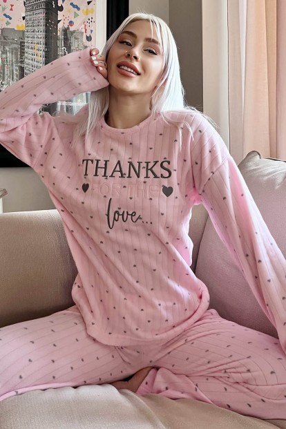 Toz Pembe Thanks Desenli Peluş Polar Pijama Takımı - Pijamaevi
