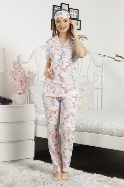 Unicorn Desenli Önden Düğmeli Kısa Kollu Pijama Takımı - 2