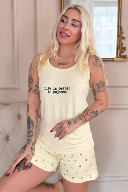 Vanilya Cherry Desenli Şortlu Marlenka Kadın Pijama Takımı 