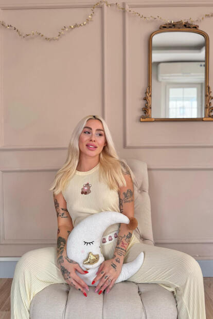 Vanilya Teddy Bear Desenli Örme Sıfır Kol Kadın Pijama Takımı - 4