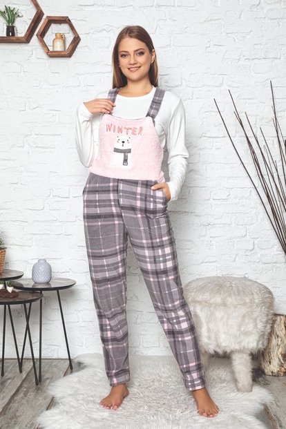Winter Desenli Kadın Polar Peluş Tulum Pijama Takımı - 1