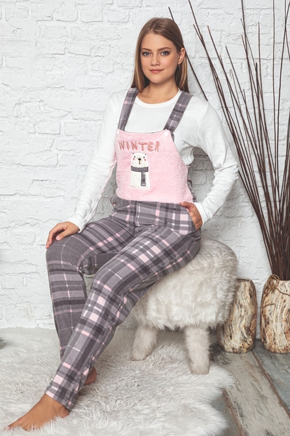 Winter Desenli Kadın Polar Peluş Tulum Pijama Takımı - 2