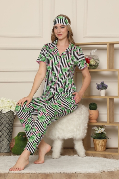 Yaprak Desenli Önden Düğmeli Kısa Kollu Pijama Takımı - 1