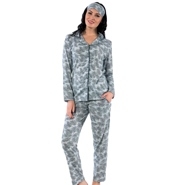 Yaprak Desenli Önden Düğmeli Pamuklu Pijama Takımı - 1