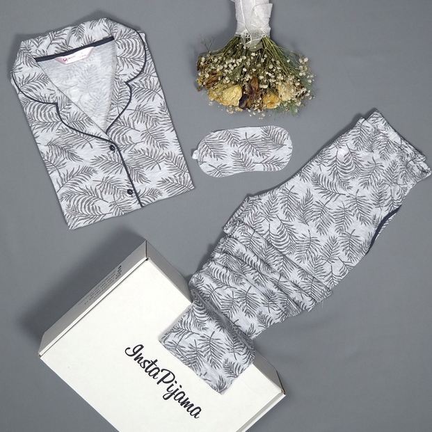 Yaprak Desenli Önden Düğmeli Pamuklu Pijama Takımı - 2