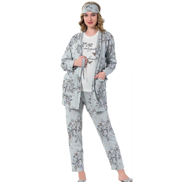 Yeşil Çiçek Kuş Desenli Sabahlıklı Pijama Takımı - 1
