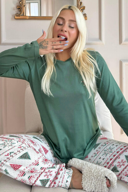 Yeşil Etnik Desenli Termal Kadın Pijama Takımı - Pijamaevi
