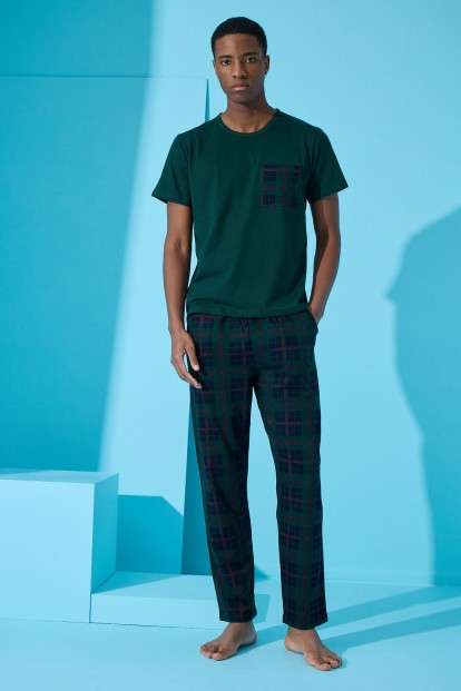 Yeşil Four Squares Ekose Desenli Kısa Kollu Erkek Pijama Takımı - 3