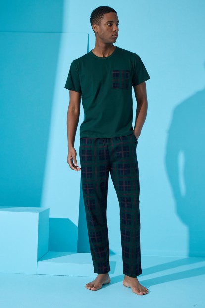 Yeşil Four Squares Ekose Desenli Kısa Kollu Erkek Pijama Takımı - 4