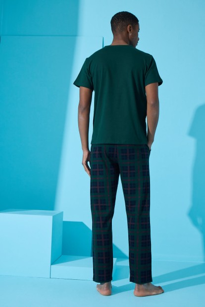 Yeşil Four Squares Ekose Desenli Kısa Kollu Erkek Pijama Takımı - 5