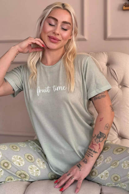Yeşil Fruit time Desenli Örme Kısa Kol Kadın Pijama Takımı - Pijamaevi