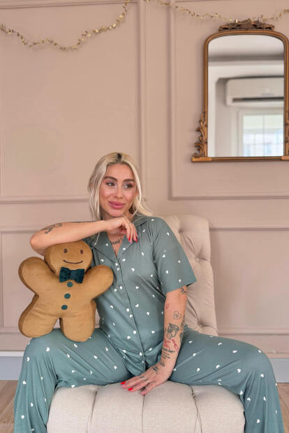 Yeşil Heart Desenli Bambu Önden Düğmeli Kısa Kol Pijama Takımı - 3