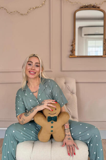 Yeşil Heart Desenli Bambu Önden Düğmeli Kısa Kol Pijama Takımı - 4