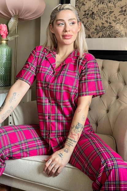 Yeşil Lacivert Ekose Baskılı Önden Düğmeli Kısa Kollu Pijama - Pijamaevi