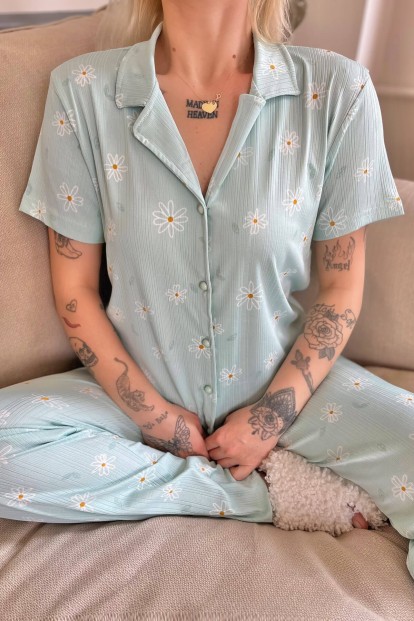 Yeşil Papatya Desenli Örme Önden Düğmeli Kısa Kol Kadın Pijama - 4