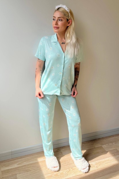 Yeşil Papatya Desenli Örme Önden Düğmeli Kısa Kol Kadın Pijama - 5