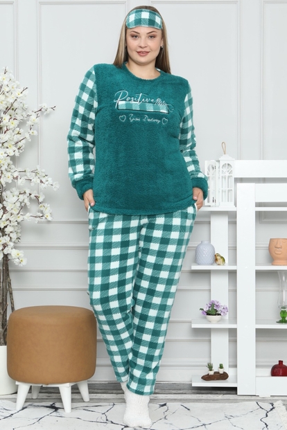 Yeşil Positive Desenli Büyük Beden Battal Kadın Peluş Pijama Takımı - 1
