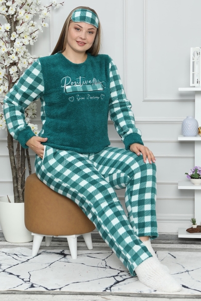 Yeşil Positive Desenli Büyük Beden Battal Kadın Peluş Pijama Takımı - 2