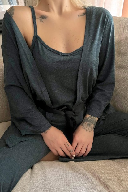 Yeşil Sabahlıklı Bambu Kadın Pijama Takımı - 4