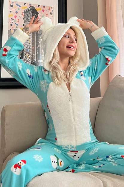 Yeşil Snowman Desenli Kadın Polar Peluş Tulum Pijama - Pijamaevi