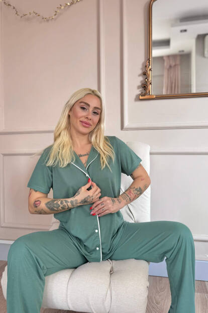 Yeşil Sofistic Önden Düğmeli Kısa Kol Kadın Pijama Takımı - 4