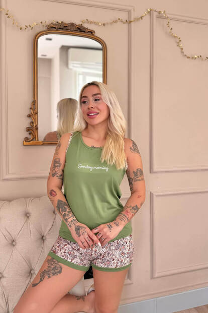 Yeşil Sunday Morning Desenli Sıfır Kol Şortlu Örme Kadın Pijama Takımı - 4