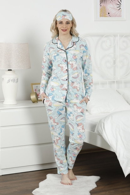 Yeşil Unicorn Desenli Önden Düğmeli Uzun Kollu Pijama Takımı - 2