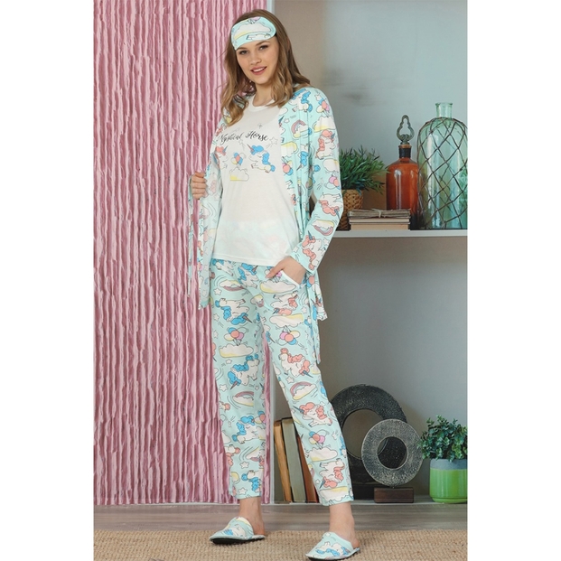 Yeşil Unicorn Desenli Sabahlıklı Pijama Takımı - 2