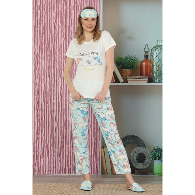 Yeşil Unicorn Desenli Sabahlıklı Pijama Takımı - 3