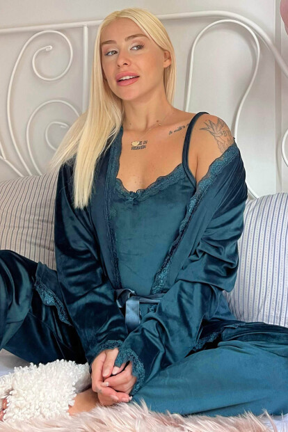 Yeşil Zelena Exclusive Kadife Sabahlıklı Kadın Pijama Takımı  - Pijamaevi