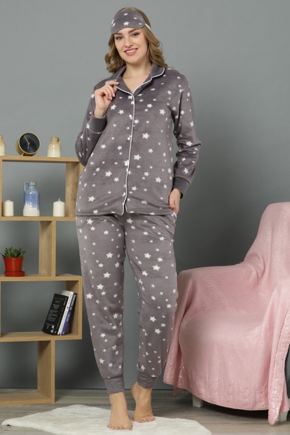 Yıldız Desenli Kadın Önden Düğmeli Yumoş Peluş Pijama Takımı - 1