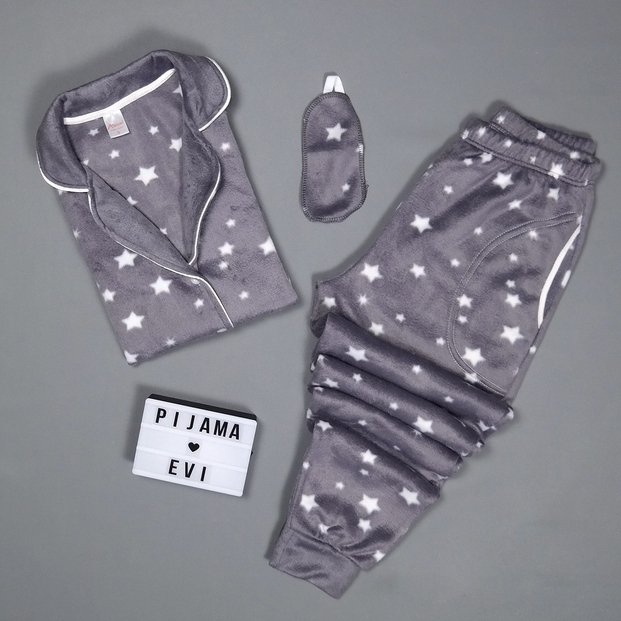 Yıldız Desenli Kadın Önden Düğmeli Yumoş Peluş Pijama Takımı - 2