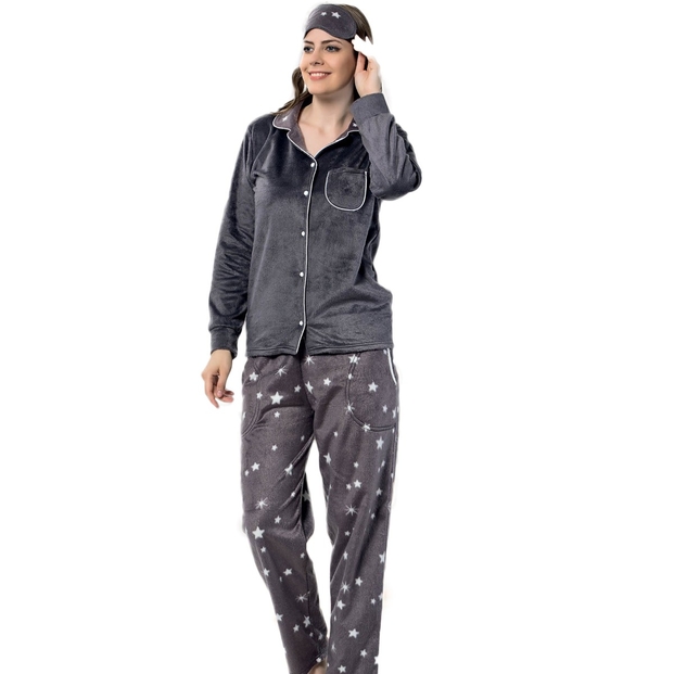 Yıldız Desenli Kadın Önden Düğmeli Yumoş Peluş Pijama Takımı - 2