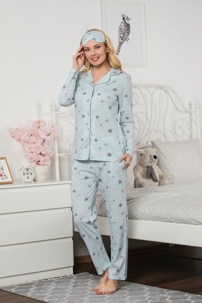 Yıldız Desenli Önden Düğmeli Uzun Kollu Pijama Takımı - 2