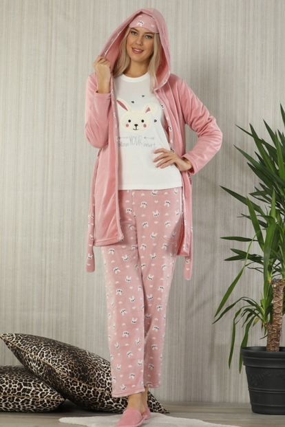Your Heart Rabbit Desenli Sabahlıklı Peluş Pijama Takımı - 1