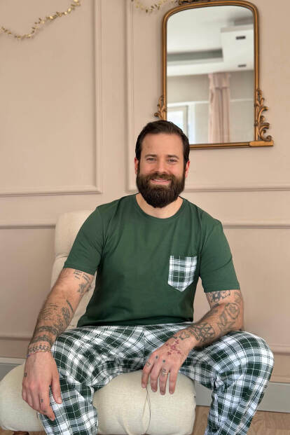 Zümrüt Ekose Cep Detay Kısa Kollu Erkek Pijama Takımı - 3
