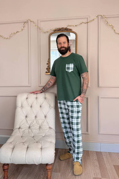 Zümrüt Ekose Cep Detay Kısa Kollu Erkek Pijama Takımı - 6