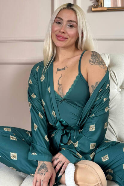 Zümrüt Mozaik Exclusive Örme Sabahlıklı Kadın Pijama Takım 