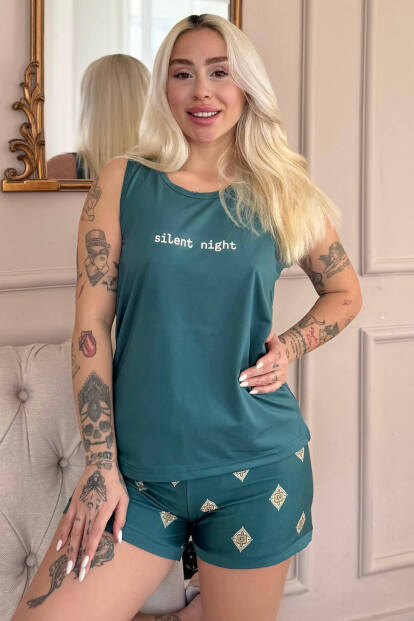 Zümrüt Silent Desenli Sıfır Kol Şortlu Örme Kadın Pijama Takımı 