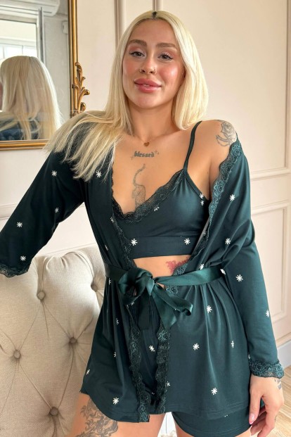 Zümrüt Sunlit Desenli Bambu Crop Sabahlıklı Şortlu Kadın Pijama Takımı 