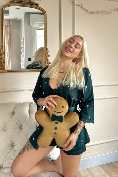 Zümrüt Sunlit Desenli Bambu Crop Sabahlıklı Şortlu Kadın Pijama Takımı - 5