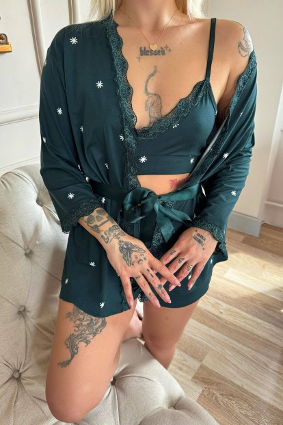 Zümrüt Sunlit Desenli Bambu Crop Sabahlıklı Şortlu Kadın Pijama Takımı - 6
