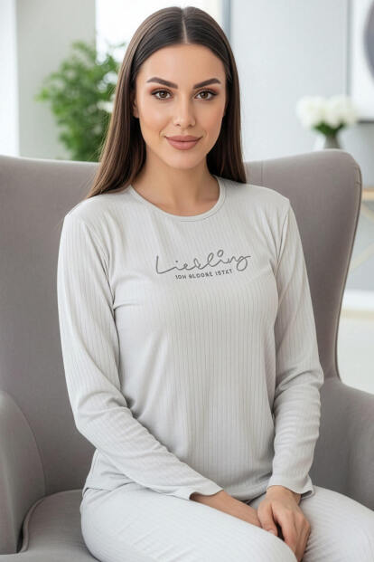 Açık Gri Liebling Desenli Uzun Kollu Dublin Örme Kadın Pijama Takımı - Pijamaevi